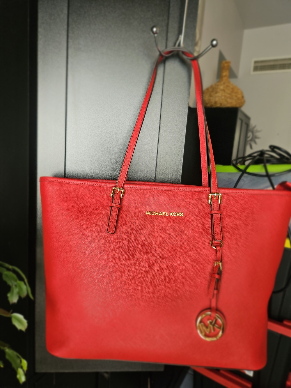 Michael Kors Red Saffiano Leather Tote with Gold Accents